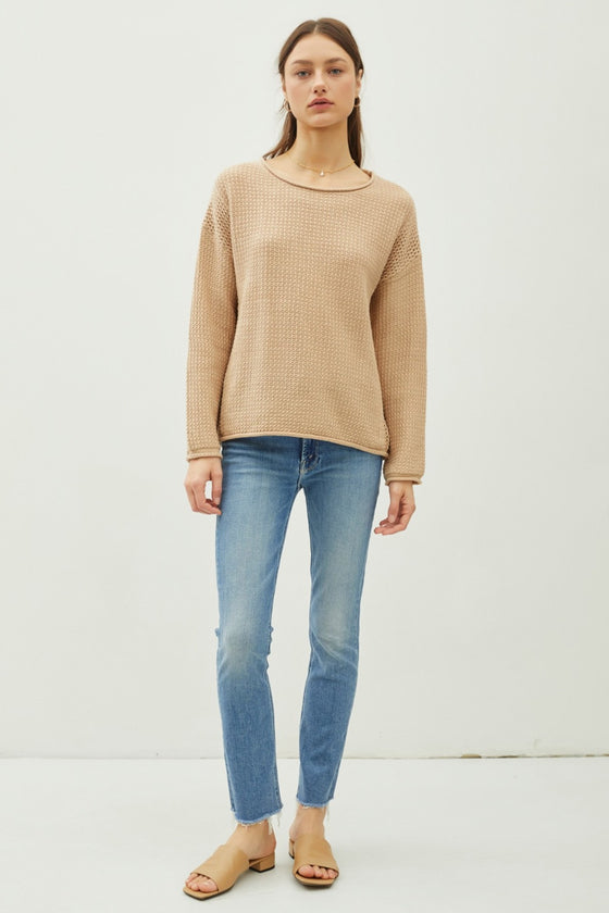 Rolled Openwork Round Neck Sweater in Taupe