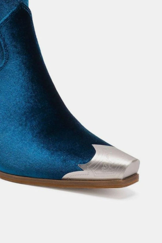 Peacock Blue Velvet Block Heel Boot