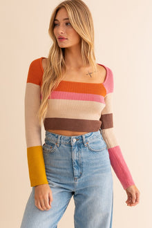  Long Sleeve Color Block Stripe Knit Top