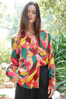  Retro Print Satin Blouse