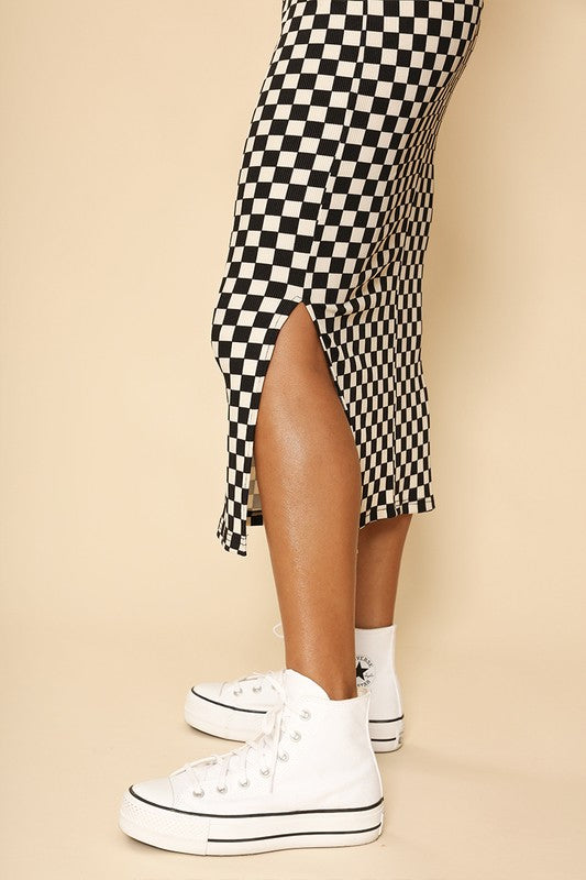 Checkered Ribbed Midi Dress