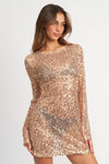 Sequin Bell Sleeve Sheer Mini Dress in Rose Gold