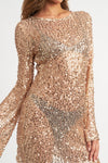Sequin Bell Sleeve Sheer Mini Dress in Rose Gold