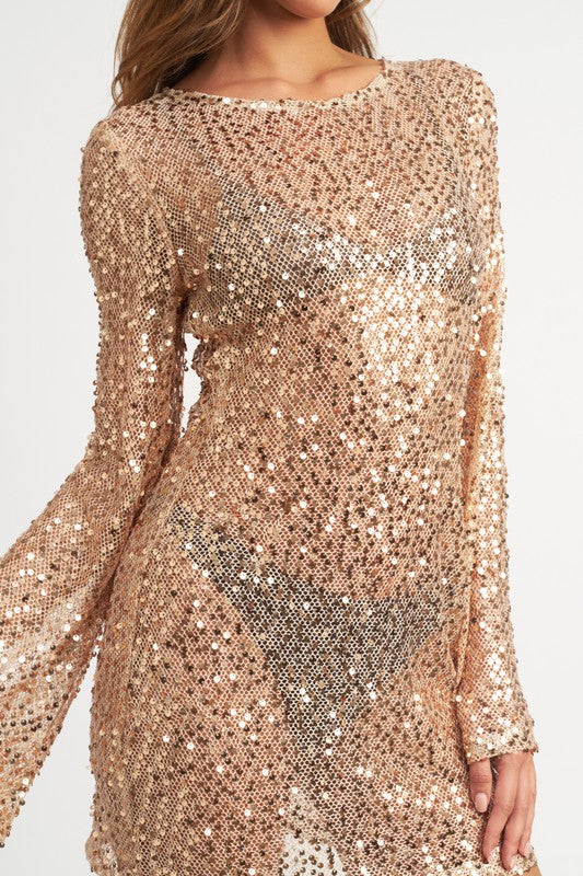 Sequin Bell Sleeve Sheer Mini Dress in Rose Gold