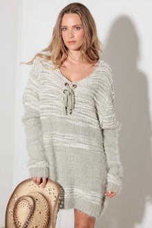  Sage Mixed-Stitch Front Tie Sweater Dress