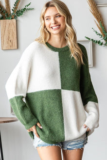  Color Block Round Neck L/S Ribbed Sweater