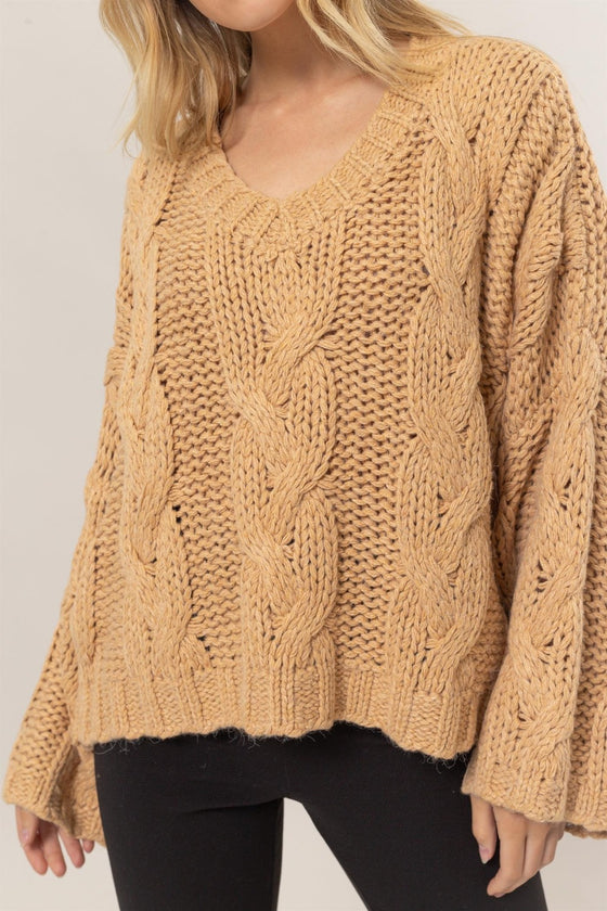 Taupe Cable Knit V-Neck Sweater