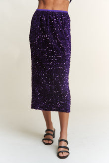  Royal Sequin Slit Midi Skirt