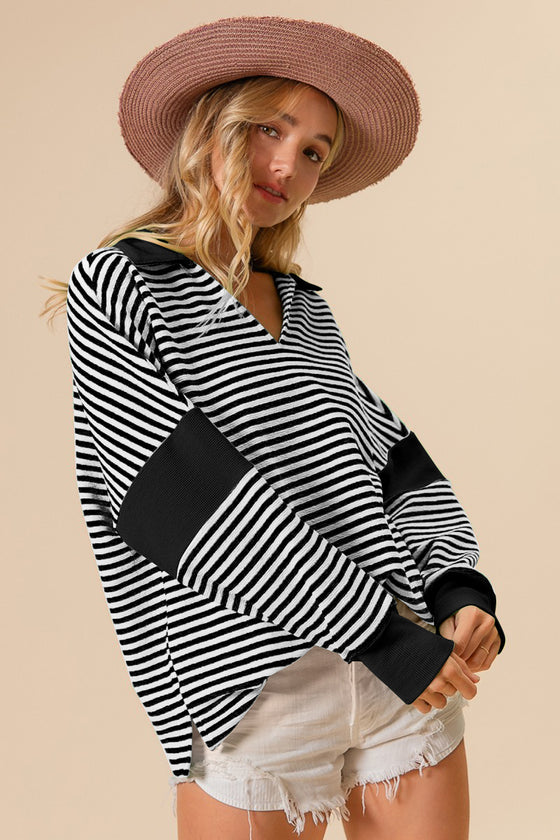 Striped Contrast Long Sleeve Knit Top