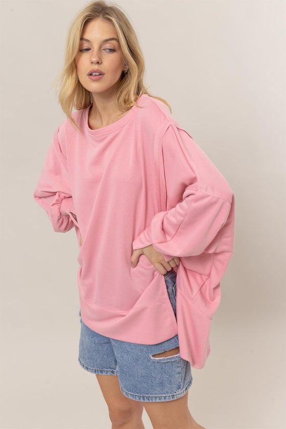 French Terry Long Sleeve High-Low Slit Sweatshirt