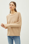 Rolled Openwork Round Neck Sweater in Taupe