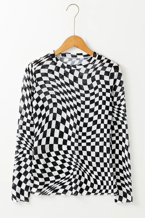 Checkered Mock Neck L/S Blouse