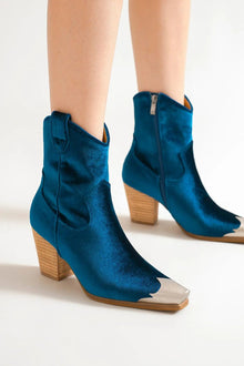  Peacock Blue Velvet Block Heel Boot