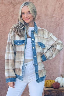  Washed Denim Detail Brushed Plaid Jacket