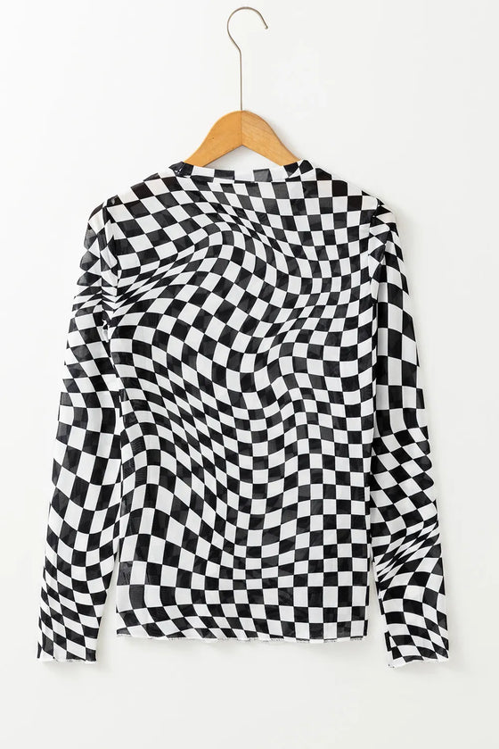 Checkered Mock Neck L/S Blouse