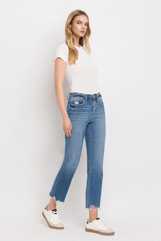 High Rise Frayed Hem Straight Jeans