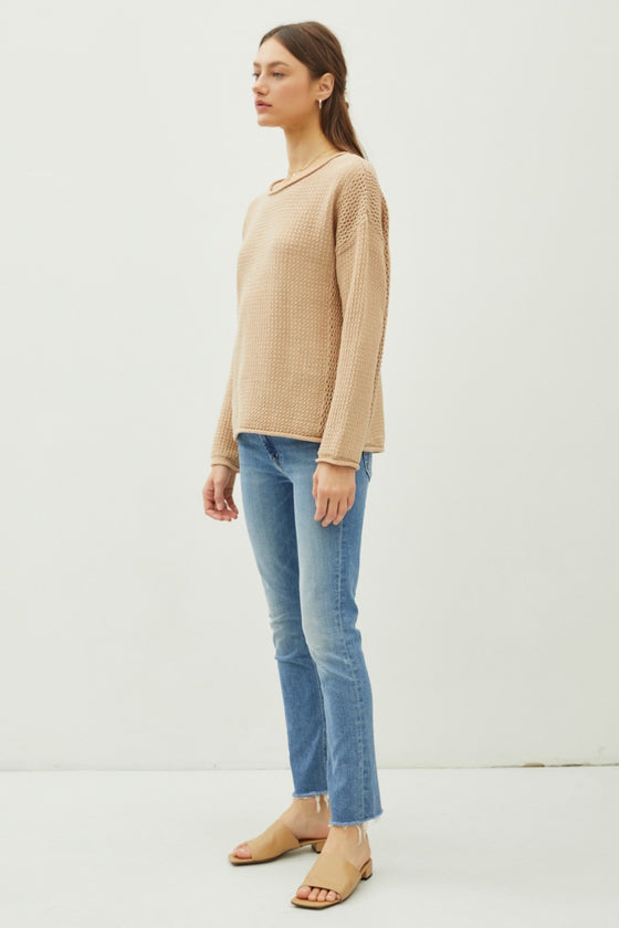 Rolled Openwork Round Neck Sweater in Taupe