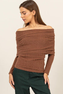  Fuzzy Off The Shoulder Textured Knit Top in Brown