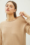 Rolled Openwork Round Neck Sweater in Taupe