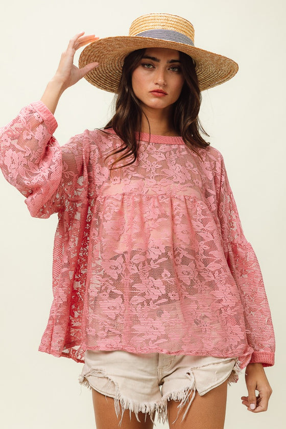 Mauve Floral Lace L/S Top