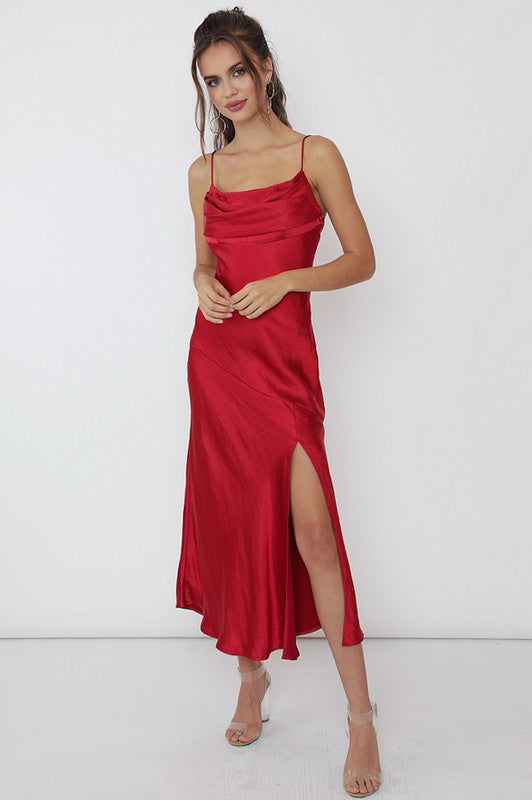 Satin Midi Dress in Wine