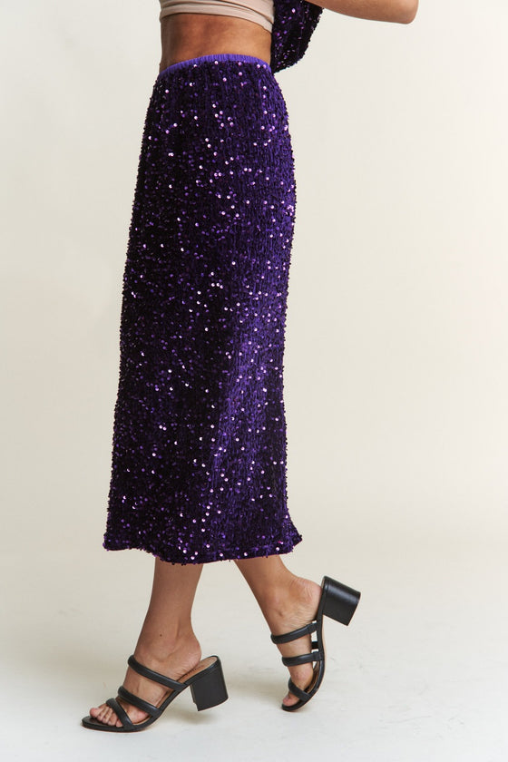 Royal Sequin Slit Midi Skirt