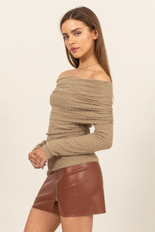  Fuzzy Off The Shoulder Textured Knit Top in Taupe