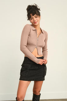  Ribbed Double Zip Cropped Cardigan in Taupe