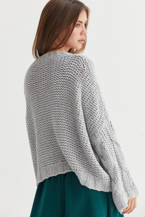 Gray Cable Knit V-Neck Sweater