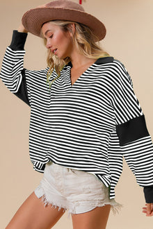  Striped Contrast Long Sleeve Knit Top