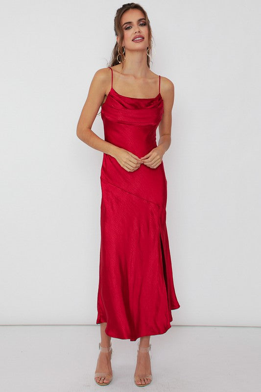 Satin Midi Dress in Wine