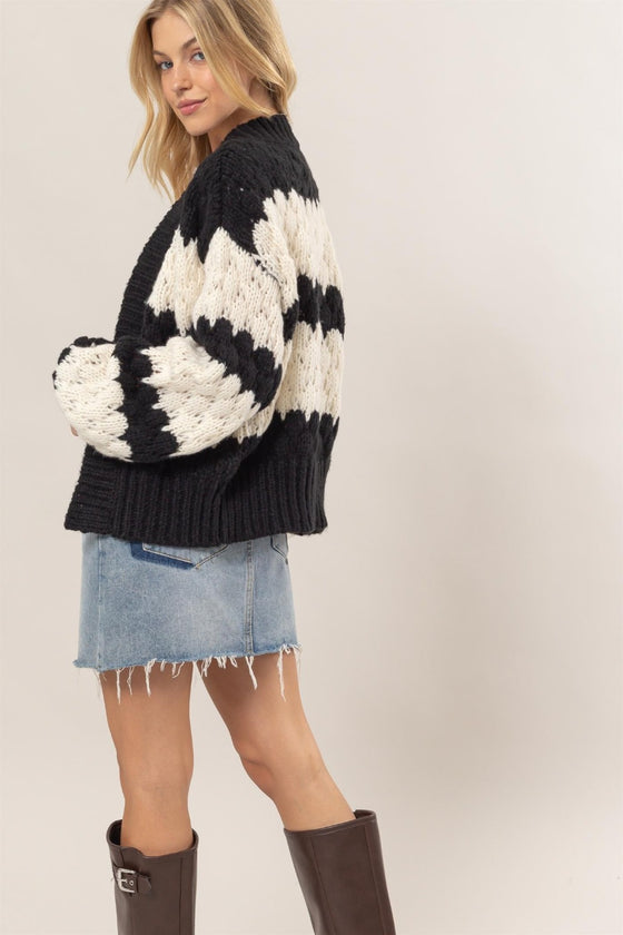 Scallop Striped Open Front L/S Cardigan