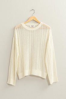  Openwork Ribbed Trim Long Sleeve Knit Top