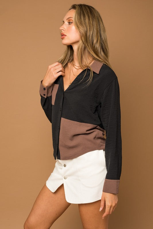 LONG SLEEVE CONTRAST BUTTON DOWN TOP