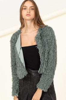  Cropped Faux Fur Jacket in Sea Green