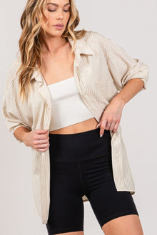  Striped Button Up Long Sleeve Shirt in Taupe