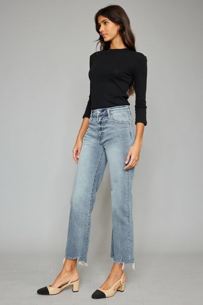 High Waist Raw Hem Cropped Wide Leg Jeans