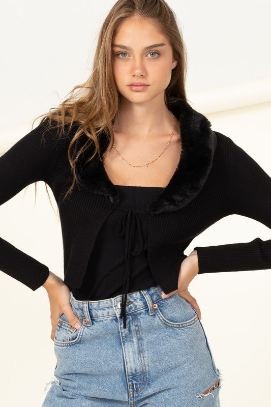 Faux Fur Ribbed Cardigan