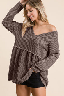  Waffle Knit V-Neck Babydoll Blouse