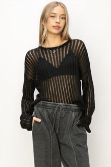  Openwork Ribbed Long Sleeve Knit Top